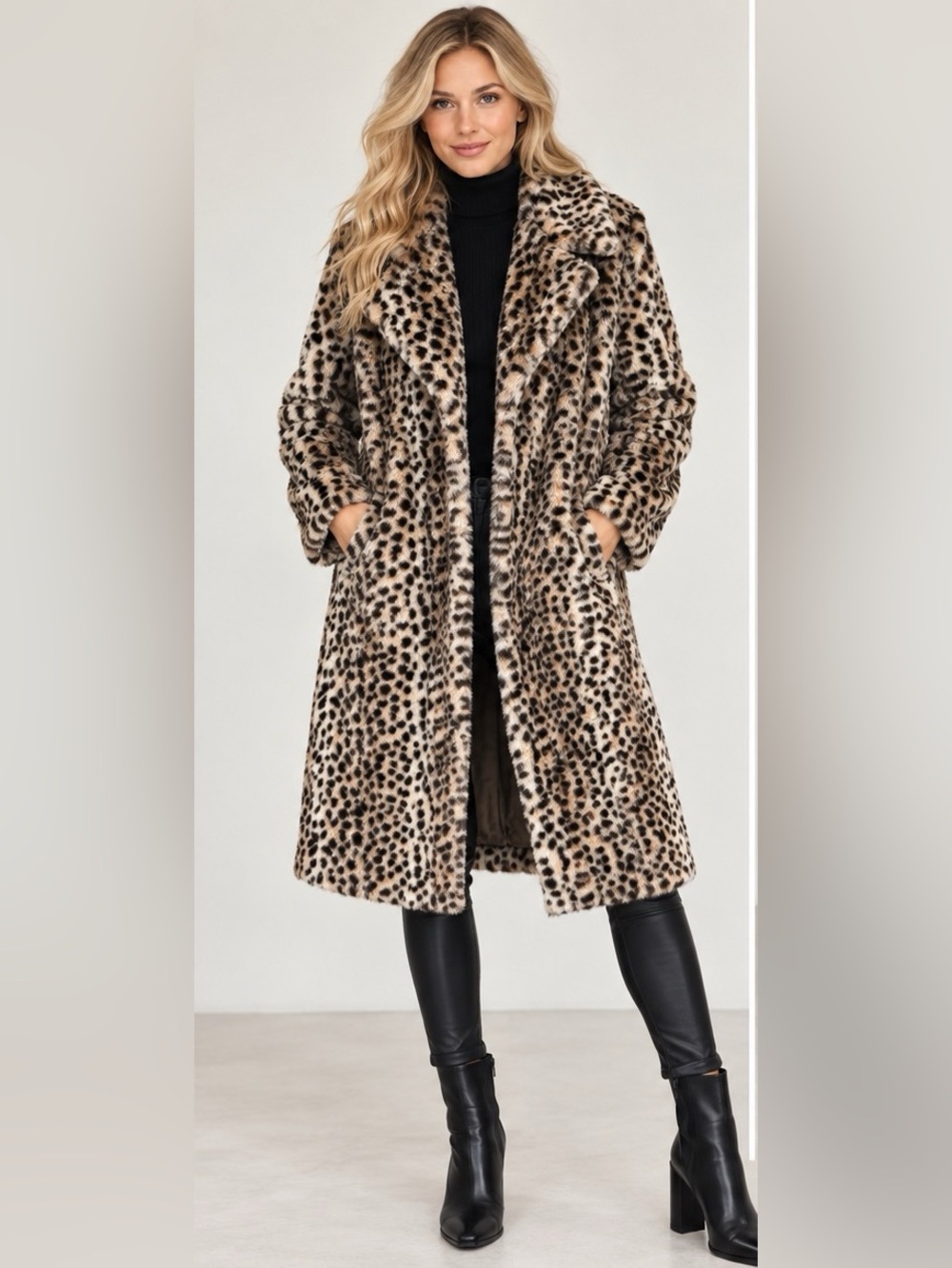 Stoosh Leopard Print Faux Fur Pea Coat - Brown/Black